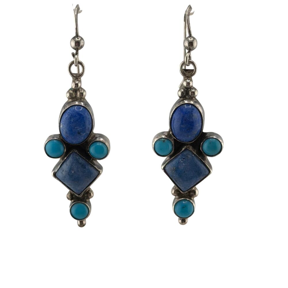 Vintage Sterling Silver Geometric Lapis Lazuli and Turquoise Dangle Earrings